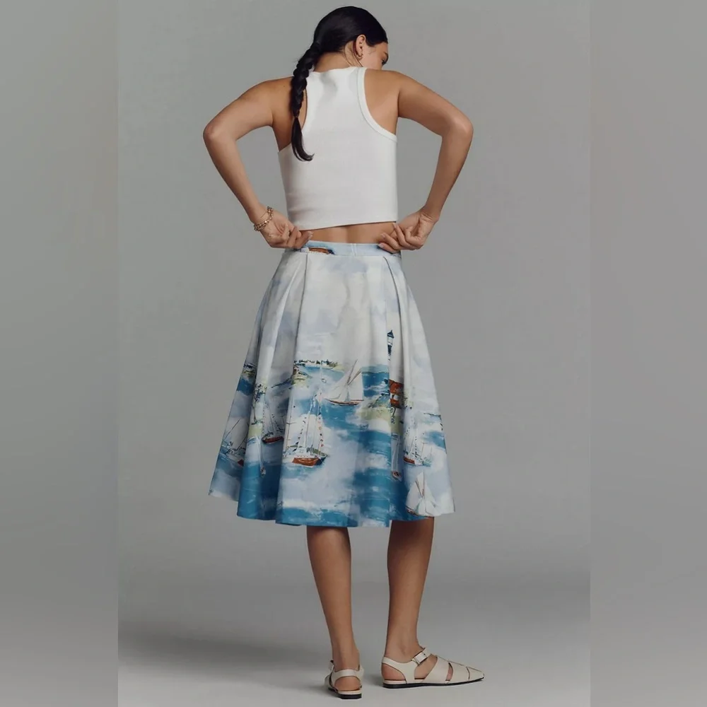 New Anthropologie Maeve 50's Seascape Print A-Line Skirt Size XL - Picture 3 of 9